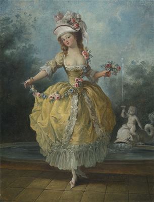 A YOUNG LADY IN A GARDEN, HOLDING A GARLAND OF FLOWERS