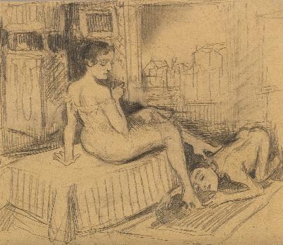 A WOMAN SEATED ON A COUCH, A MAN AT HER SHOE
