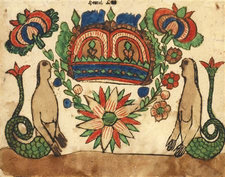 Presentation fraktur of merfolk, flowers, and crown by Johann Henrich Otto - Auction record, sale price, and art valuation. Compare with similar artists and explore comparable artworks.