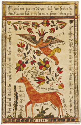 Presentation Fraktur with Angel and Doe by Johann Adam Eyer - Auction record, sale price, and art valuation. Compare with similar artists and explore comparable artworks.