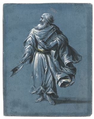 FOUR SAINTS AND A MAN WITH A HORN AND HOUND: A) POSSIBLY ST. BONIFACE; B) POSSIBLY ST. JUDE THE APOSTLE; C) ST. PAUL HOLDING A SWORD; D) A SAINT HOLDING A CRUTCH?; E) A MAN WITH A HORN AND HOUND (5) by Jacob Weyer - Auction record, sale price, and art valuation. Compare with similar artists and explore comparable artworks.