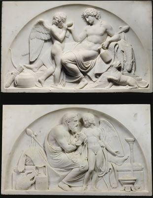 A SET OF FOUR RELIEFS OF CUPID AND BACCHUS, CUPID RECEIVED BY ANACREON, PAN TEACHING A CHILD SATYR TO PLAY REED PIPE, BACCHANTE AND CHILD SATYR (4)