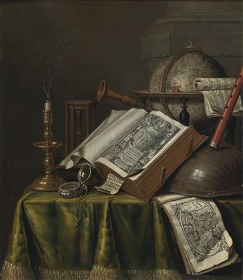 VANITAS STILL LIFE WITH A CANDLESTICK, BOOKS, MUSICAL INSTRUMENTS, AN ASTROLOGICAL GLOBE, A POCKET WATCH, AND AN HOURGLASS ALL ON A DRAPED TABLE
