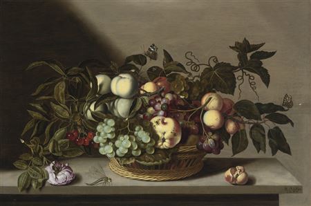 A STILL LIFE OF GRAPES, CHERRIES, PEACHES AND OTHER FRUIT IN A BASKET, WITH A ROSE AND A DRAGONFLY ON A STONE LEDGE