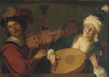 A MERRY GROUP BEHIND A BALUSTRADE WITH A VIOLIN AND A LUTE PLAYER