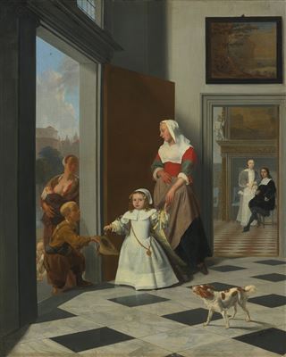 A CHILD AND NURSE IN THE FOYER OF AN ELEGANT TOWNHOUSE, THE PARENTS BEYOND