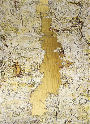 Sample artwork by Mark Flood (Born 1957), known for torn ornate fabric and text image painting, punk propaganda, conceptual - View similar artists and auction records