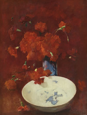RED CARNATIONS AND DELFT (RED CARNATIONS)