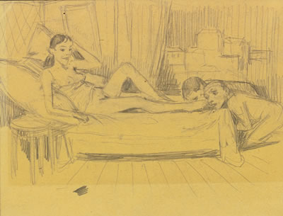 RECLINING WOMAN AND MAN AND WOLF: A DOUBLE SIDED DRAWING