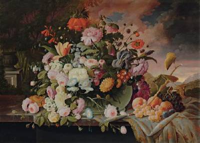 Still Life with Flowers and Fruit in a Landscape