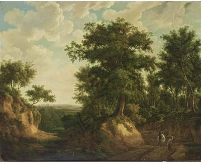 AN EXTENSIVE WOODED LANDSCAPE WITH A HORSEMAN, A MAID AND OTHER TRAVELLERS ON A PATH