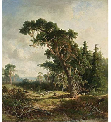 A SHEPERD AND HIS FLOCK IN A WOODED LANDSCAPE