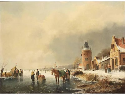A WINTERLANDSCAPE WITH SKATERS ON THE ICE