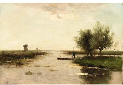 A POLDER LANDSCAPE WITH A PEASANT IN A BARGE