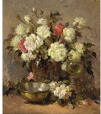 A FLOWER STILL LIFE WITH ROSES IN A GLASS VASE, A ROEMER AND A BRASS PLATE by Kees Terlouw - Auction record, sale price, and art valuation. Compare with similar artists and explore comparable artworks.