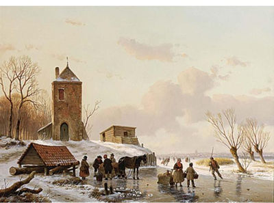 A WINTER LANDSCAPE WITH SKATERS ON THE ICE