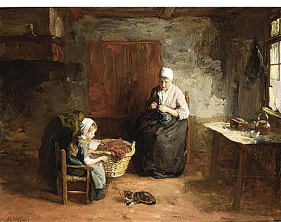 A COTTAGE INTERIOR WITH MOTHER AND CHILD