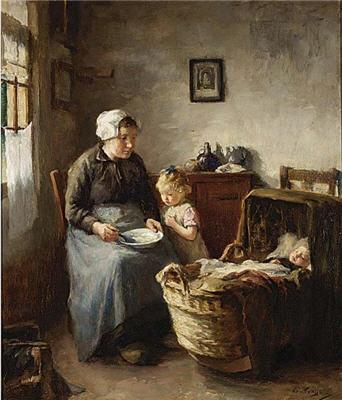COTTAGE INTERIOR WITH WOMAN AND CHILDREN