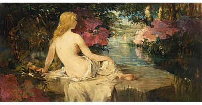 A SEATED FEMALE NUDE IN A LANDSCAPE