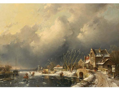 A WINTER LANDSCAPE WITH SKATERS NEAR A ´KOEK EN ZOPIE'