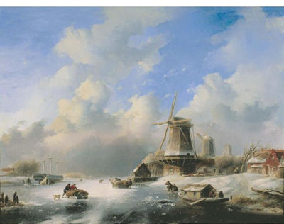 A FROZEN WINTER LANDSCAPE WITH SKATERS BY A WINDMILL