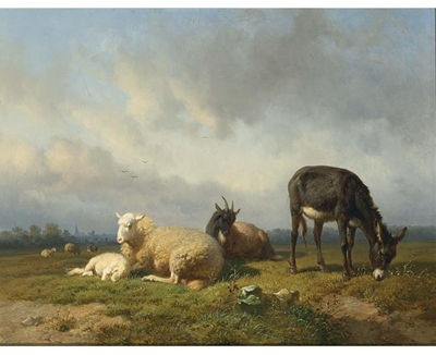 CATTLE IN A MEADOW, A VILLAGE IN THE DISTANCE