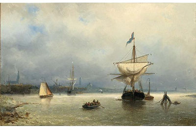 SAILING VESSELS IN AN ESTUARY, AMSTERDAM IN THE DISTANCE
