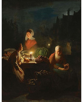 A VEGETABLE SELLER BY CANDLELIGHT