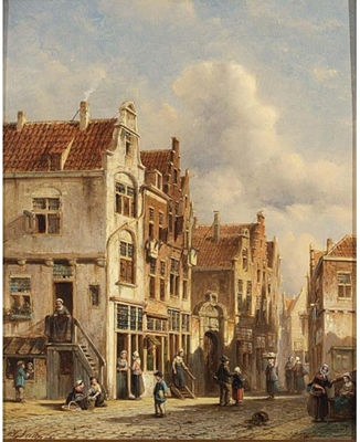 FIGURES IN THE SUNLIT STREETS OF A DUTCH TOWN