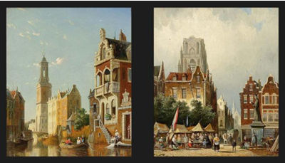 A MARKET SCENE IN ROTTERDAM, THE LAURENTIUS CHURCH IN THE BACKGROUND; A CANAL SCENE IN AMSTERDAM, THE MUNT TOWER IN THE BACKGROUND (A PAIR)