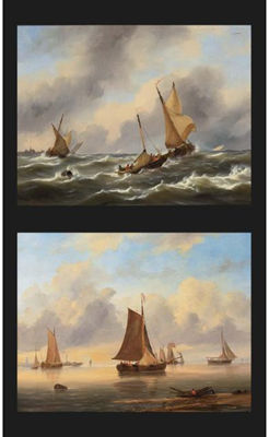 SAILING VESSELS ON A CHOPPY SEA; SHIPPING IN A CALM AT SUNSET (A PAIR)