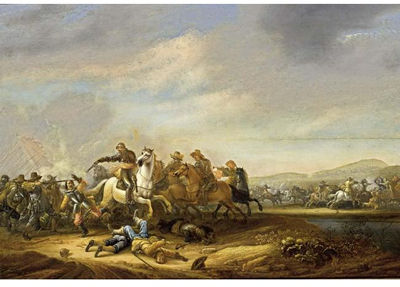 A CAVALRY AND INFANTRY BATTLE SCENE NEAR A STREAM by Abraham Van der Hoef - Auction record, sale price, and art valuation. Compare with similar artists and explore comparable artworks.