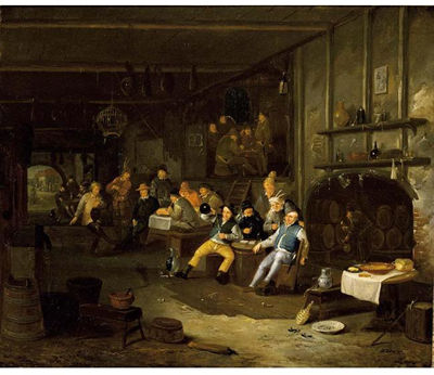 AN INTERIOR OF AN INN WITH PEASANTS SMOKING, DRINKING AND EATING AROUND TABLES TOGETHER WITH A VIOLIN PLAYER AND A DANCING PEASANT