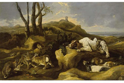 SPANIELS STALKING RABBITS IN THE DUNES, A VIEW OF THE SEA BEYOND