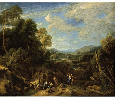 AN EXTENSIVE RIVER LANDSCAPE WITH CLASSICAL FIGURES CONVERSING AND MOUNTAINS BEYOND