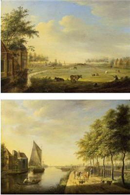 A VIEW OF A CANAL WITH BOATS BY A VILLAGE AND A SHEPHERD WITH HIS CATTLE ON A PATH; AN EXTENSIVE LANDSCAPE WITH A WOMAN MILKING A COW, WITH CATTLE AND HORSES IN A MEADOW, A MILL IN THE DISTANCE by Johannes Janson - Auction record, sale price, and art valuation. Compare with similar artists and explore comparable artworks.