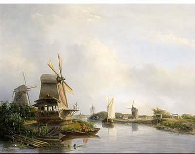 A RIVER LANDSCAPE WITH BOATS AND AN ANGLER NEAR A MILL
