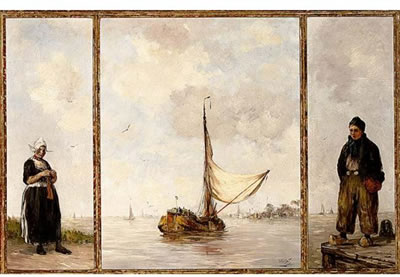 A TRIPTYCH: CENTRAL PIECE: COMING INTO HARBOUR, RIGHT : VOLENDAMMER BOY, LEFT: VOLENDAMMER GIRL