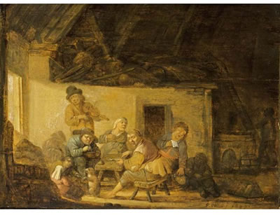 A BARN INTERIOR WITH PEASANTS SINGING AND SMOKING AROUND A TABLE TOGETHER WITH A VIOLIN PLAYER, AND A CHILD PLAYING WITH A DOG