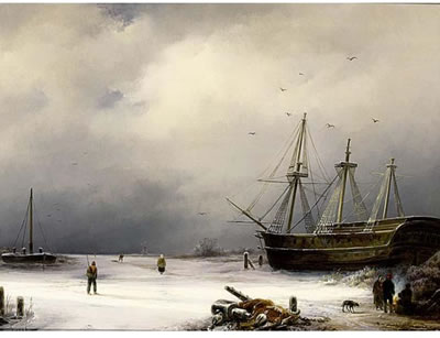 A THREE-MASTER IN A WINTER LANDSCAPE