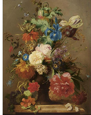 FLOWERS IN AN EARTHENWARE VASE, WITH AN IMPERIAL CROWN AND AN OPIUM POPPY IN TOP