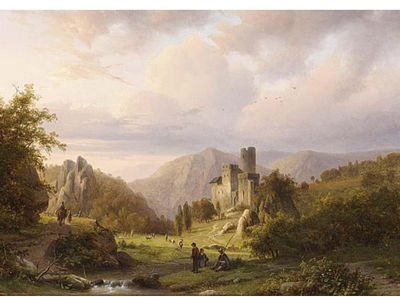 ANGLERS IN A MOUNTAINOUS LANDSCAPE