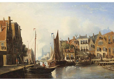 A BUSY CANAL IN A DUTCH TOWN