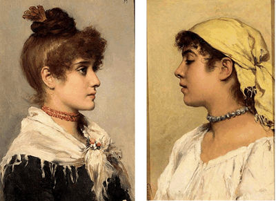 AN ITALIAN BEAUTY WITH A RED NECKLACE; A YOUNG BEAUTY WITH A BLUE NECKLACE