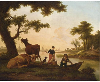 A RIVER LANDSCAPE WITH A COUPLE CONVERSING NEAR A FERRY TOGETHER WITH COWS NEAR A TREE, FIGURES AND CATTLE ON A PATH BEYOND