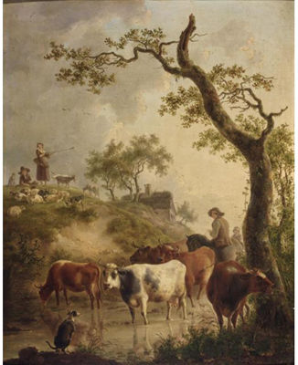 A SHEPHERD ON A HORSE AND HIS CATTLE FORDING A STREAM, WITH SHEPHERDS AND THEIR FLOCK ON A HILL NEARBY