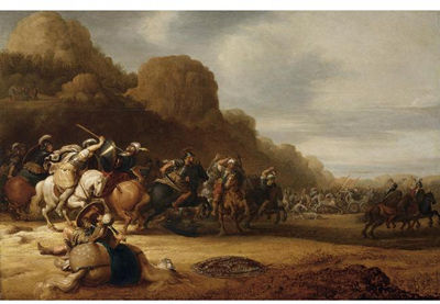 A CAVALRY BATTLE SCENE WITH ROMAN AND TURKISH SOLDIERS