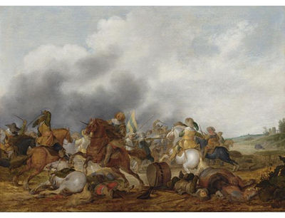 A CAVALRY BATTLE SCENE IN AN OPEN FIELD