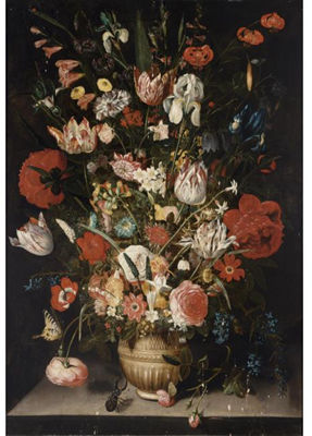 A STILL LIFE WITH TULIPS, ROSES, IRISES, CARNATIONS, RACEME DAFFODILS, POPPY ANEMONES, HYACINTH AND OTHER FLOWERS IN A STONEWARE VASE, WITH A BUTTERFLY AND A STAG BEETLE ON A STONE LEDGE