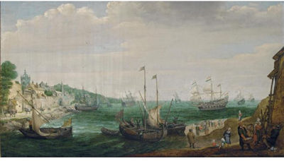 A COASTAL LANDSCAPE WITH FISHING BOATS, MEN-OF-WAR AND OTHER SHIPPING, FISHERMEN UNLOADING THEIR CATCH AND A FORTIFIED TOWN ON THE LEFT IN THE FOREGROUND